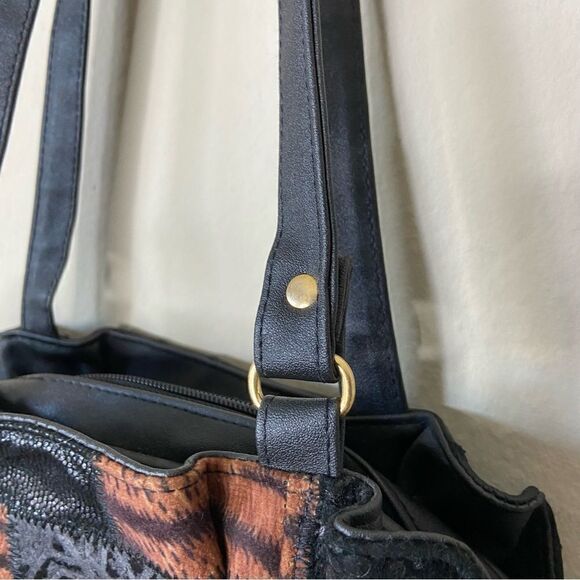 Black Patchwork Shoulder Bag Tote Leather Animal Print Vintage - Picture 3 of 11